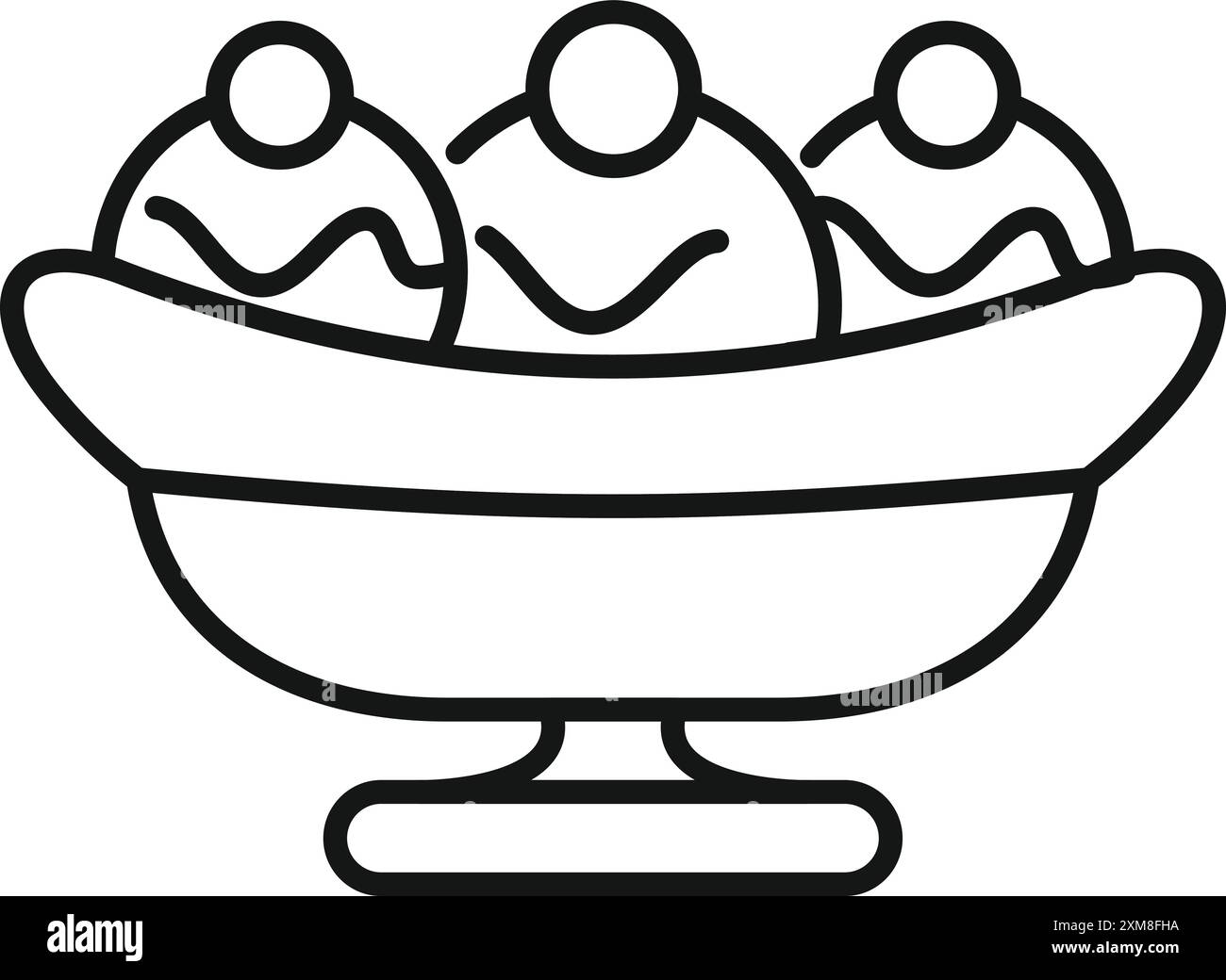 Icona della line art di un dessert alla banana split seduto in un classico piatto di banana split, perfetto per progetti sull'estate, il cibo o le feste. Illustrazione Vettoriale