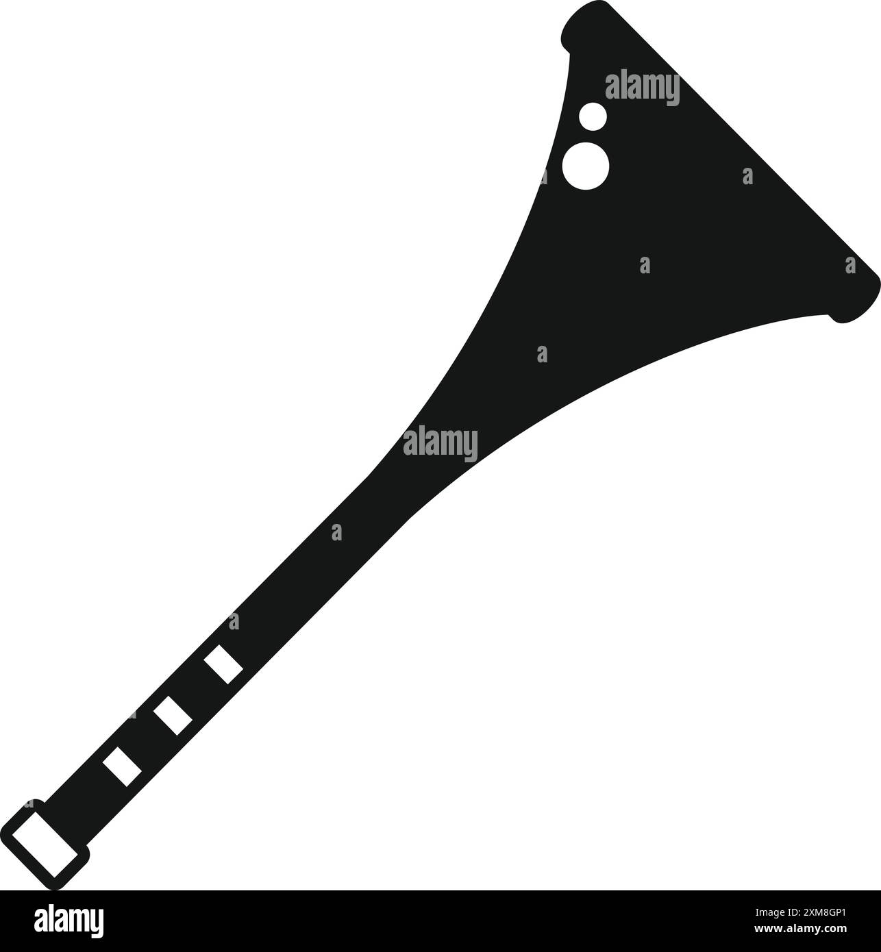 La semplice silhouette nera di un lungo corno alpino con fori e linee si erge su sfondo bianco Illustrazione Vettoriale