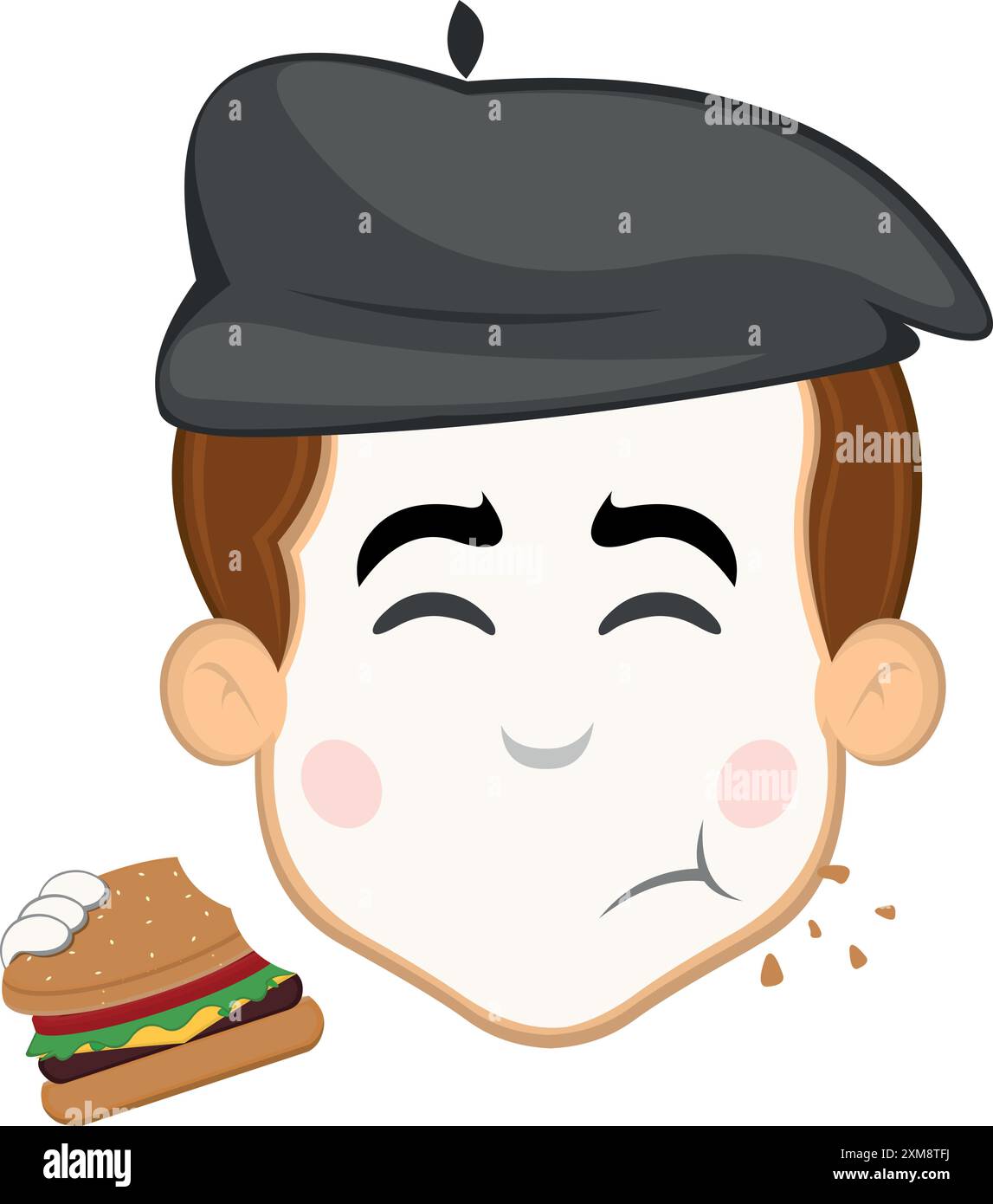 l'illustrazione vettoriale affronta il personaggio di un cartoni animati mimo dell'artista di strada, mangiando un hamburger Illustrazione Vettoriale