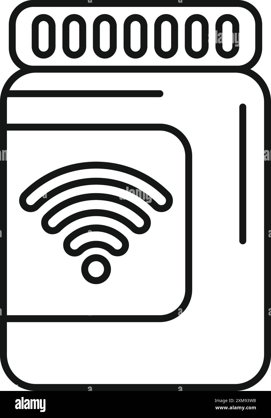 Icona a riga di un contenitore per alimenti intelligente che mostra il segnale wi-fi Illustrazione Vettoriale