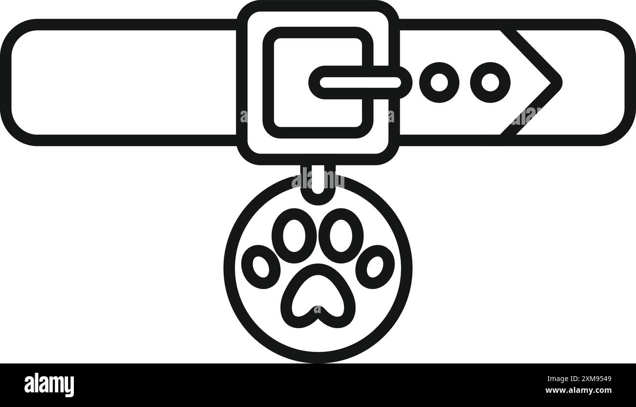 Semplice disegno in bianco e nero di un collare per cani con un'etichetta stampata a zampa, che simboleggia l'adozione e la cura degli animali domestici Illustrazione Vettoriale