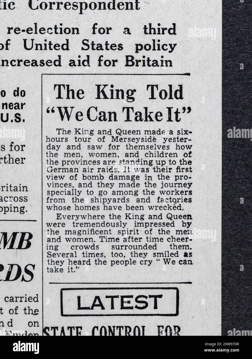 "Il re ha detto "We CAN take it", titolo del Daily mail (replica), 7 novembre 1940, in seguito alla rielezione del presidente Roosevelt. Foto Stock