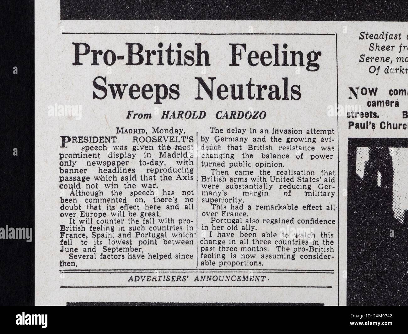 Titolo "Pro-British Feeling Sweeps Neutrals" sul Daily mail (replica), 31 dicembre 1940. Foto Stock