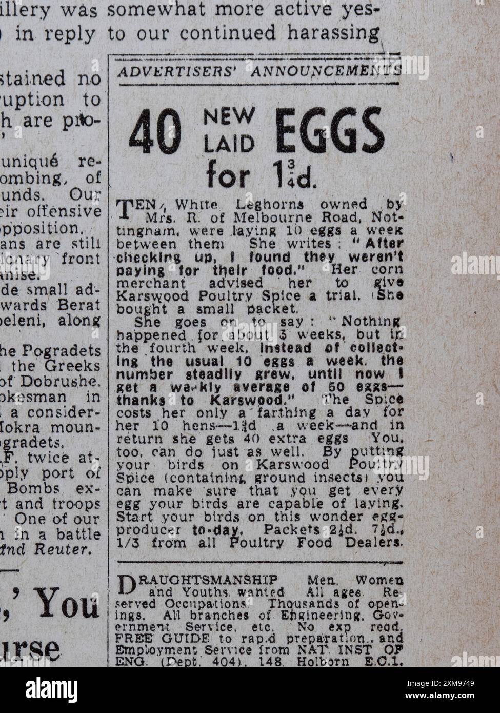 Pubblicità per Karswood Poultry Spice, un alimento per aumentare la deposizione delle uova nelle galline nel Daily mail (replica), 31 dicembre 1940. Foto Stock