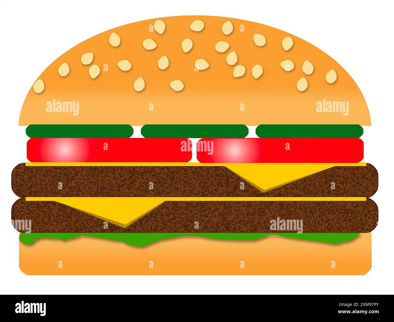 Un doppio cheeseburger con sottaceti, pomodoro e lattuga è visto su un panino di sesamo in un'illustrazione grafica in 3D. Foto Stock