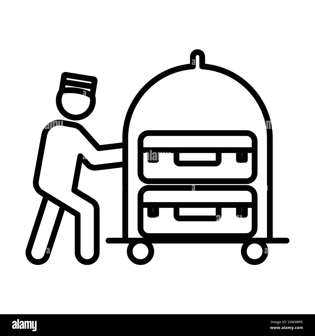 Facchino con l'icona del carrello portabagagli, set di marchi lineari in bianco e nero per il Web Illustrazione Vettoriale