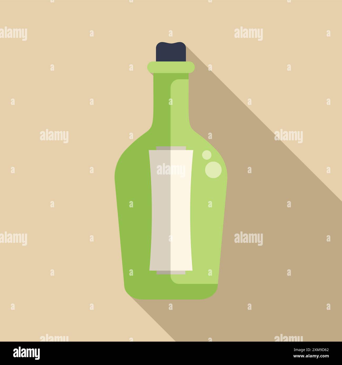 Una bottiglia di vetro verde contenente il messaggio arrotolato è in attesa di essere trovata sulla spiaggia Illustrazione Vettoriale