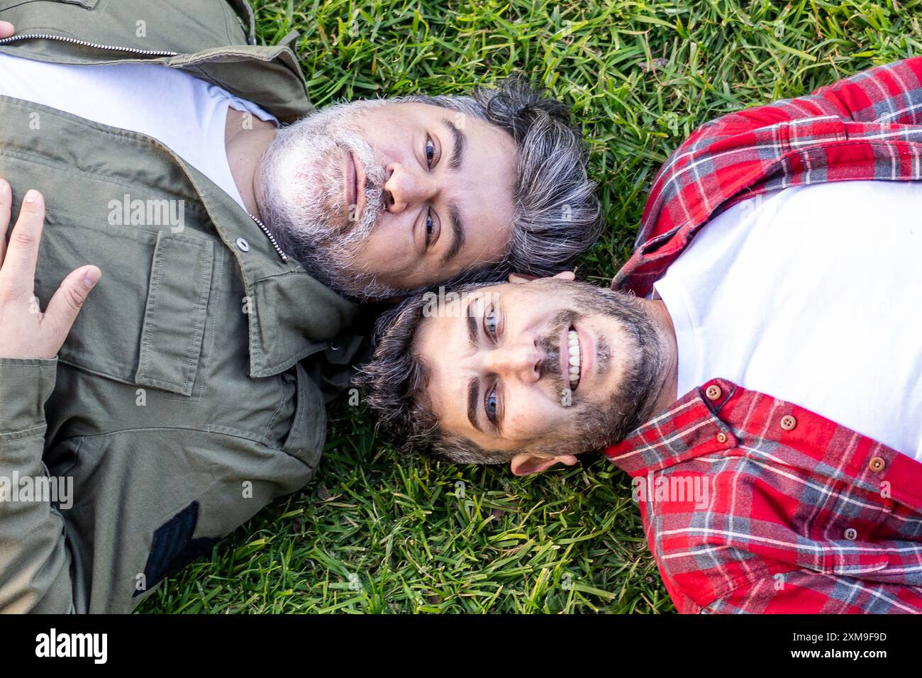 Vista dall'alto di una coppia gay ispanica sdraiata sull'erba mentre guarda la telecamera Foto Stock