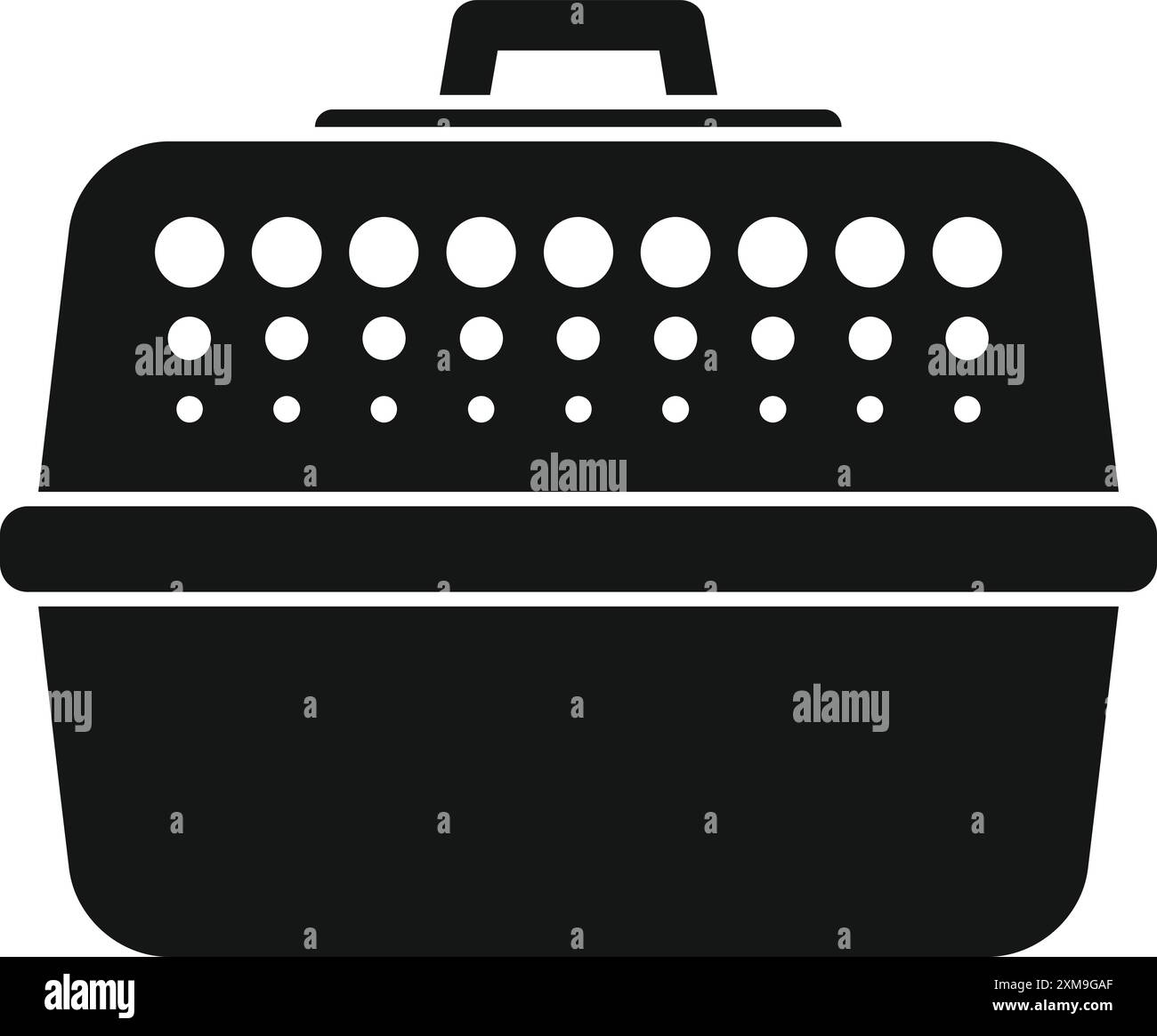 Il trasportino per animali in plastica nera è in piedi sul pavimento, pronto per il viaggio Illustrazione Vettoriale