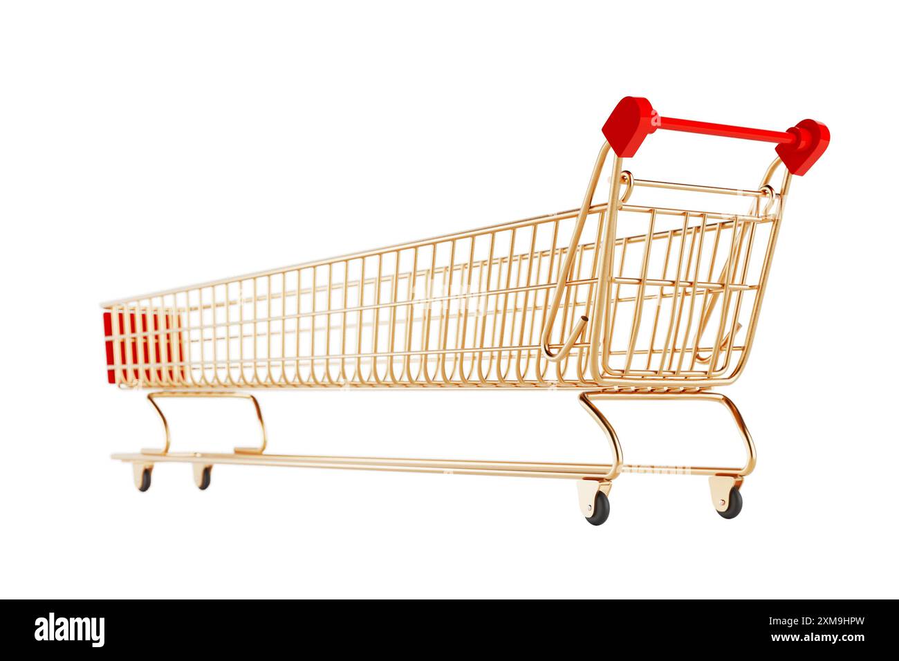 Carrello Golden Shopping Cart extra lungo e grande su sfondo bianco. Rendering 3d. Foto Stock