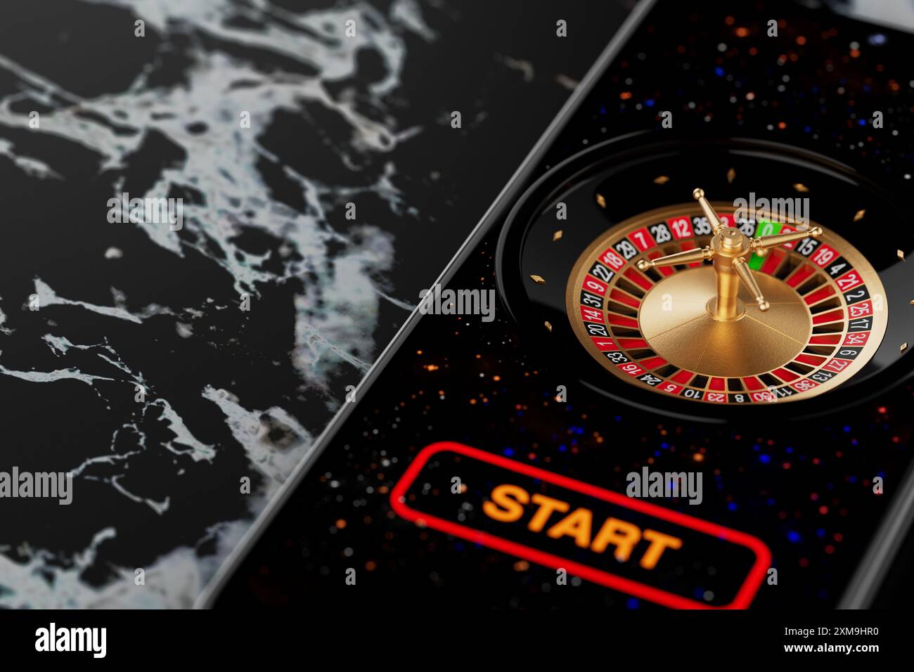 Concetto di applicazioni di gioco. Ruota della roulette americana del casinò online sullo schermo dello smartphone dettaglio estremo. Rendering 3d. Foto Stock Concetto di applicazioni di gioco. Ruota della roulette americana del casinò online sullo schermo dello smartphone dettaglio estremo. Rendering 3d. Foto Stock