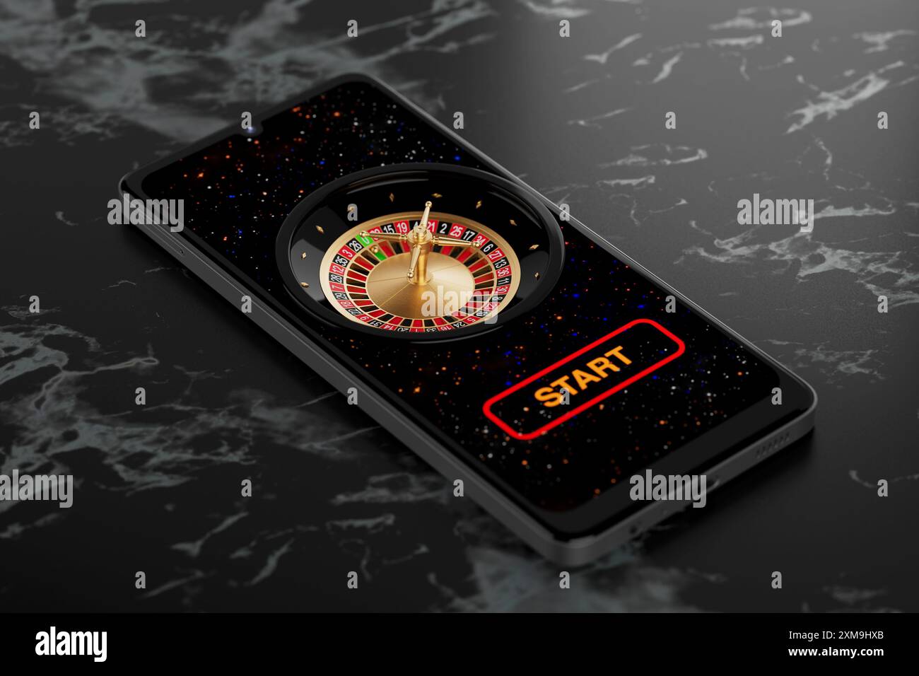 Concetto di applicazioni di gioco. Ruota della roulette americana del casinò online sullo schermo dello smartphone dettaglio estremo. Rendering 3d. Foto Stock Concetto di applicazioni di gioco. Ruota della roulette americana del casinò online sullo schermo dello smartphone dettaglio estremo. Rendering 3d. Foto Stock