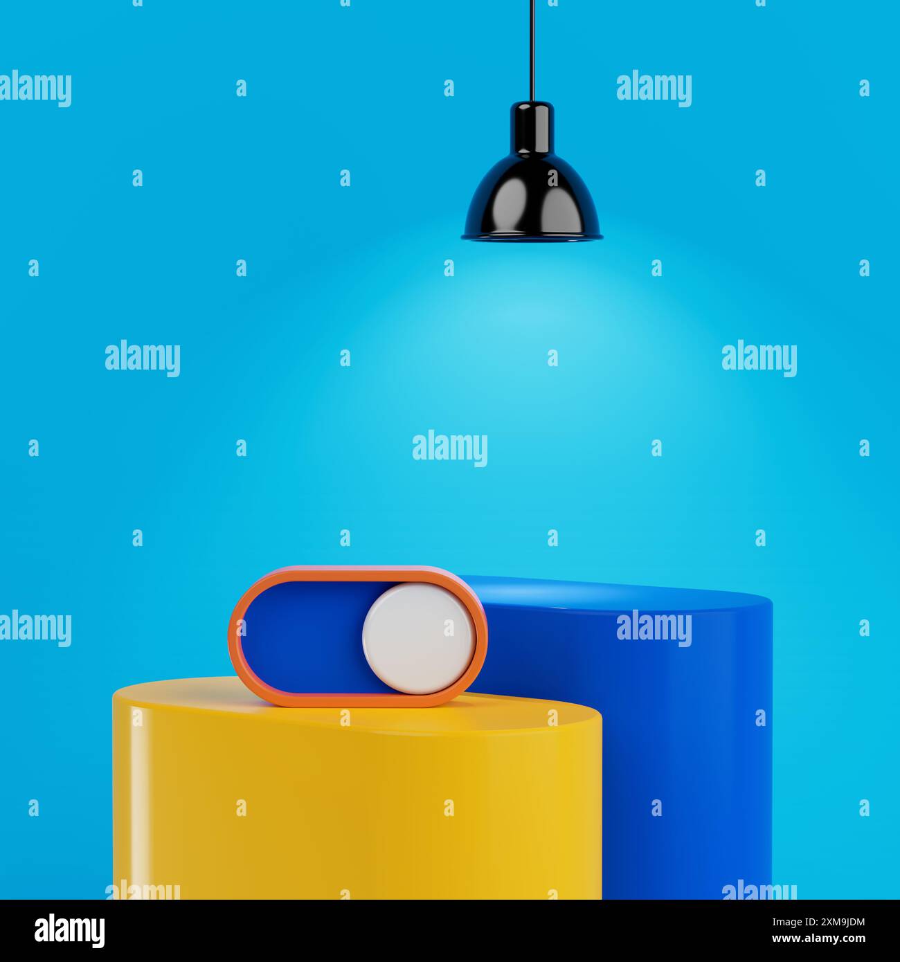 Interruttore astratto su pulsante a scorrimento con plafoniera sulle tavole del display del prodotto su sfondo blu. Rendering 3d. Foto Stock