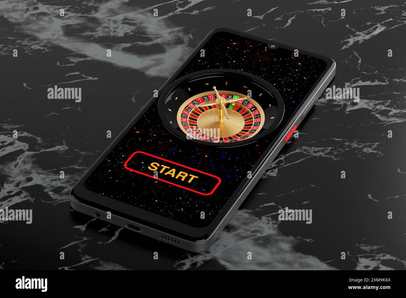 Concetto di applicazioni di gioco. Ruota della roulette americana del casinò online sullo schermo dello smartphone dettaglio estremo. Rendering 3d. Foto Stock Concetto di applicazioni di gioco. Ruota della roulette americana del casinò online sullo schermo dello smartphone dettaglio estremo. Rendering 3d. Foto Stock