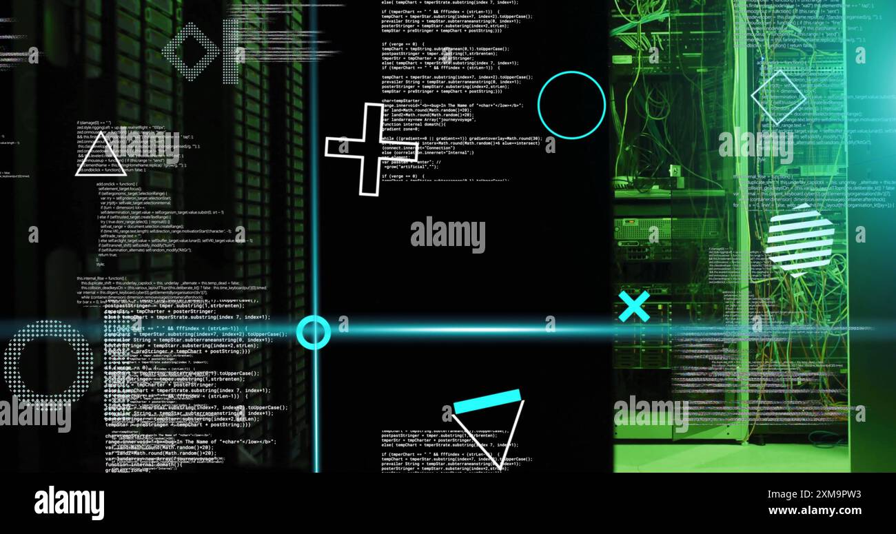 Elaborazione e analisi dei dati digitali su sfondo tecnologico verde e nero Foto Stock