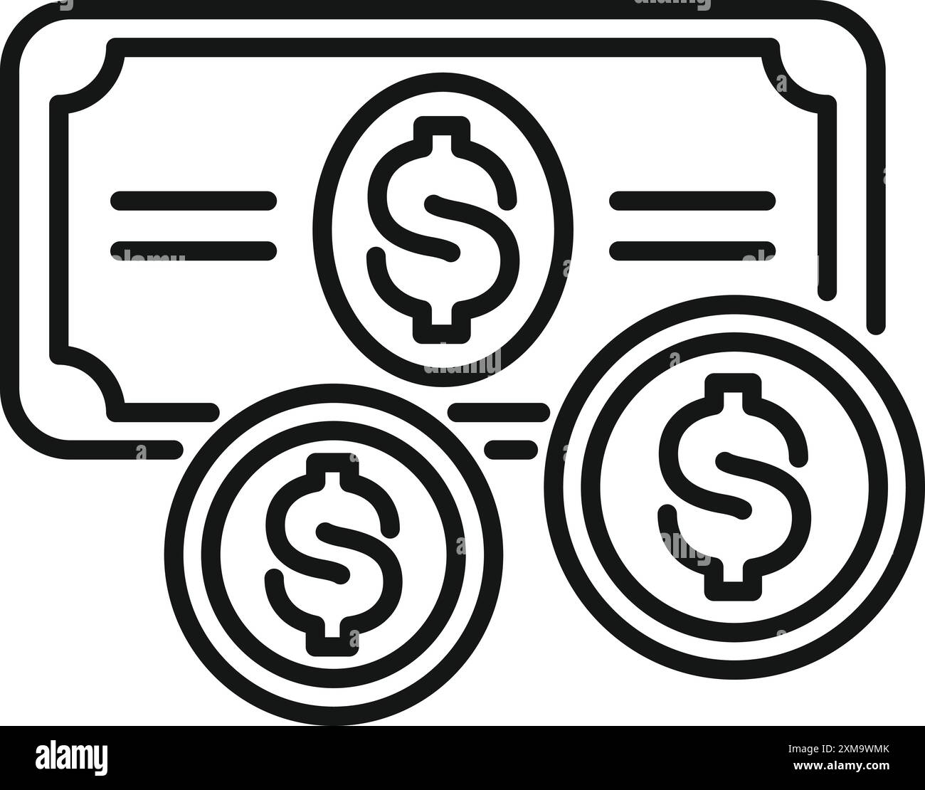 Semplice icona lineare che rappresenta il trasferimento di denaro con banconote e monete in dollari Illustrazione Vettoriale