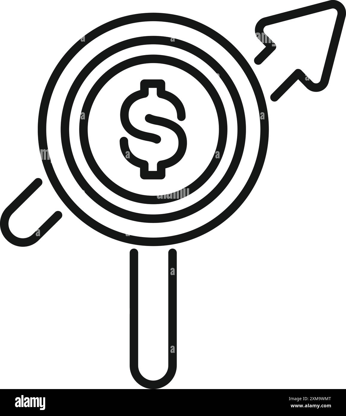 La lente d'ingrandimento si concentra su una moneta in crescita, simboleggiando il concetto di crescita degli investimenti e successo finanziario Illustrazione Vettoriale