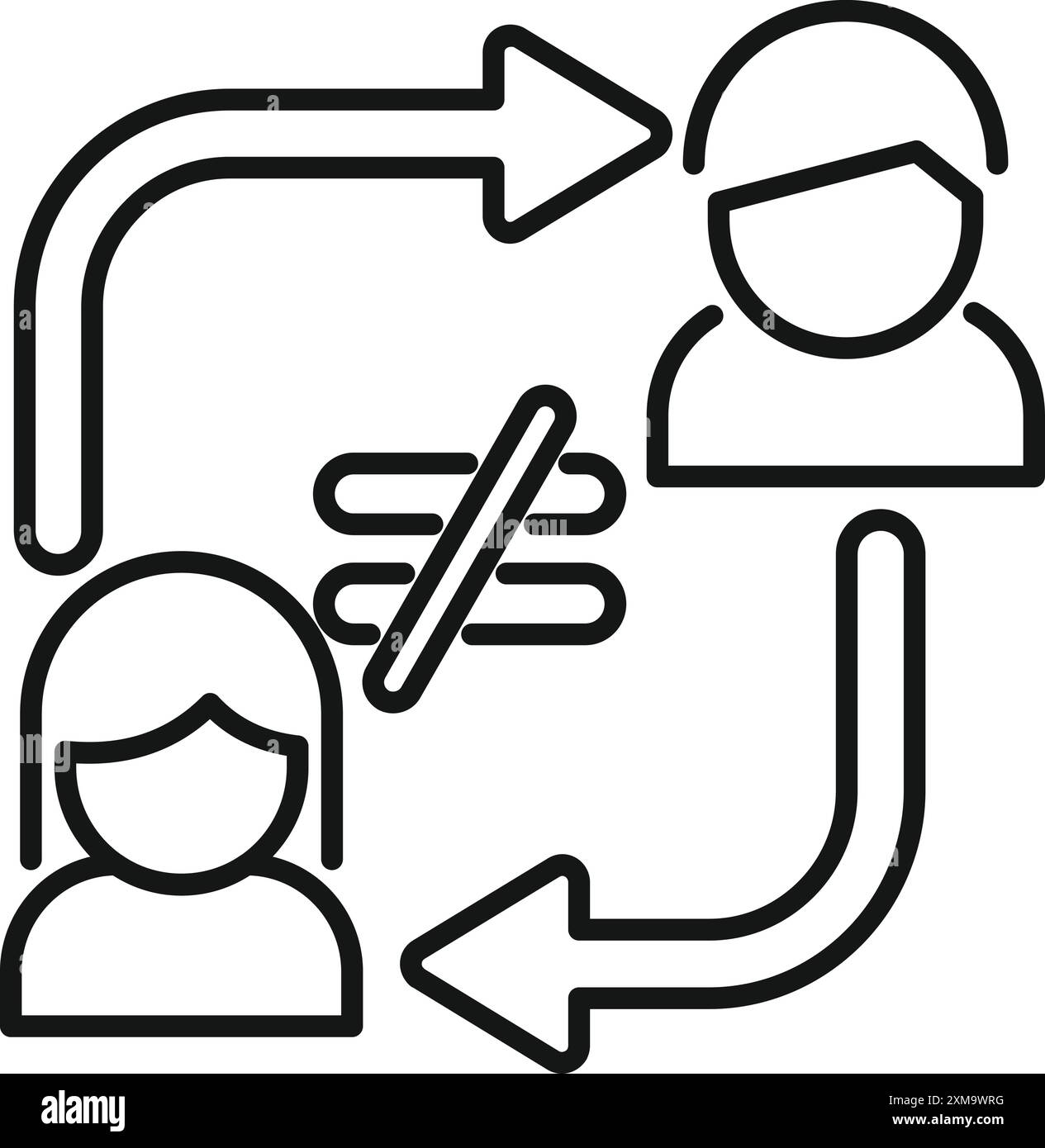 Gli uomini d'affari stanno vivendo un'interruzione della comunicazione, rappresentata da una bolla di comunicazione barrata e da frecce che vanno in direzioni opposte Illustrazione Vettoriale