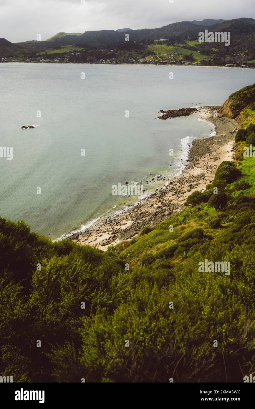 Costa con spiaggia rocciosa e vegetazione verde circondata dal mare, North Land West Coast, nuova Zelanda Foto Stock