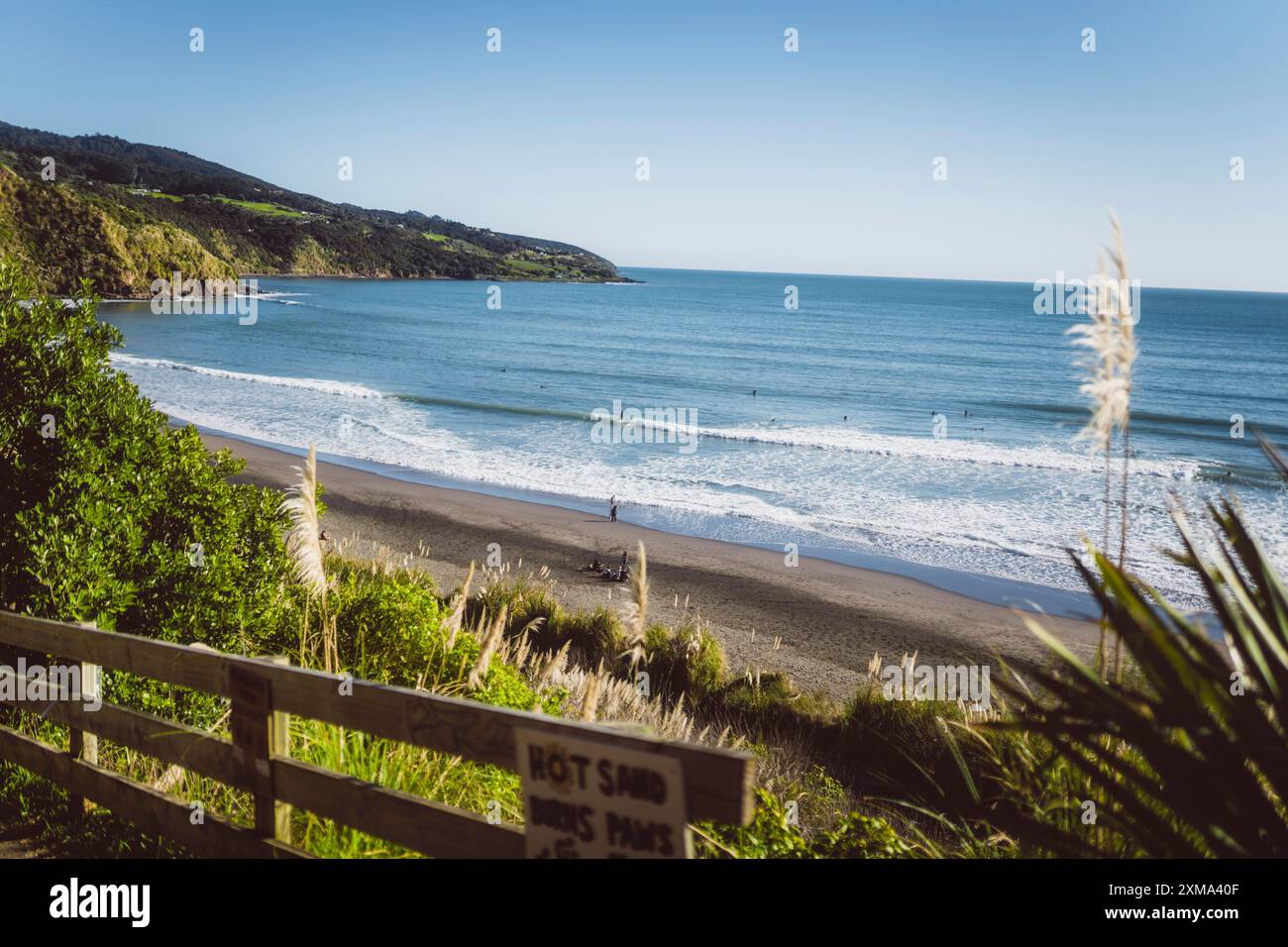 Le onde incontrano la spiaggia, incorniciata dalla vegetazione costiera e da una recinzione in legno in primo piano, Raglan, nuova Zelanda Foto Stock