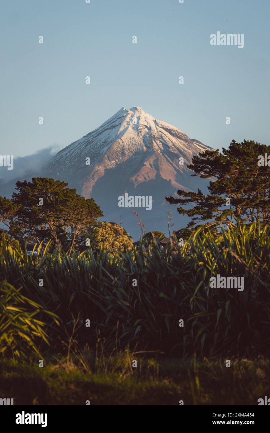 Una montagna innevata con alberi in primo piano in una giornata parzialmente nuvolosa, creando una tranquilla scena naturale, il Monte Taranaki, nuova Zelanda Foto Stock