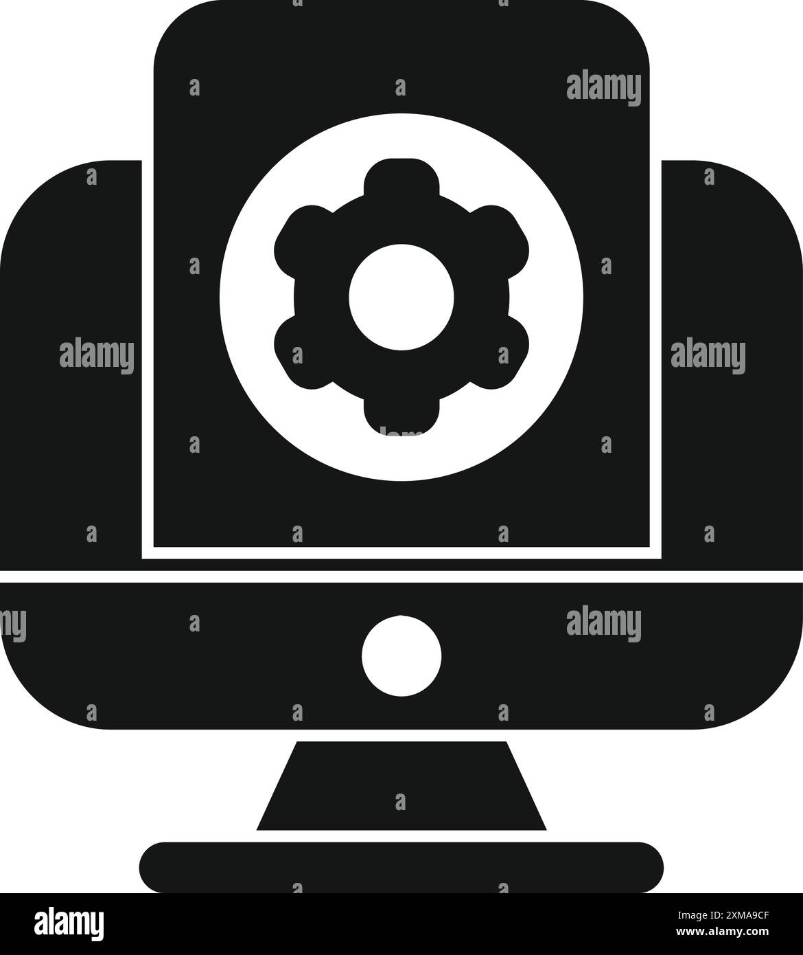 Icona in bianco e nero di un computer desktop che visualizza una ruota dentata, che rappresenta la configurazione o le impostazioni Illustrazione Vettoriale