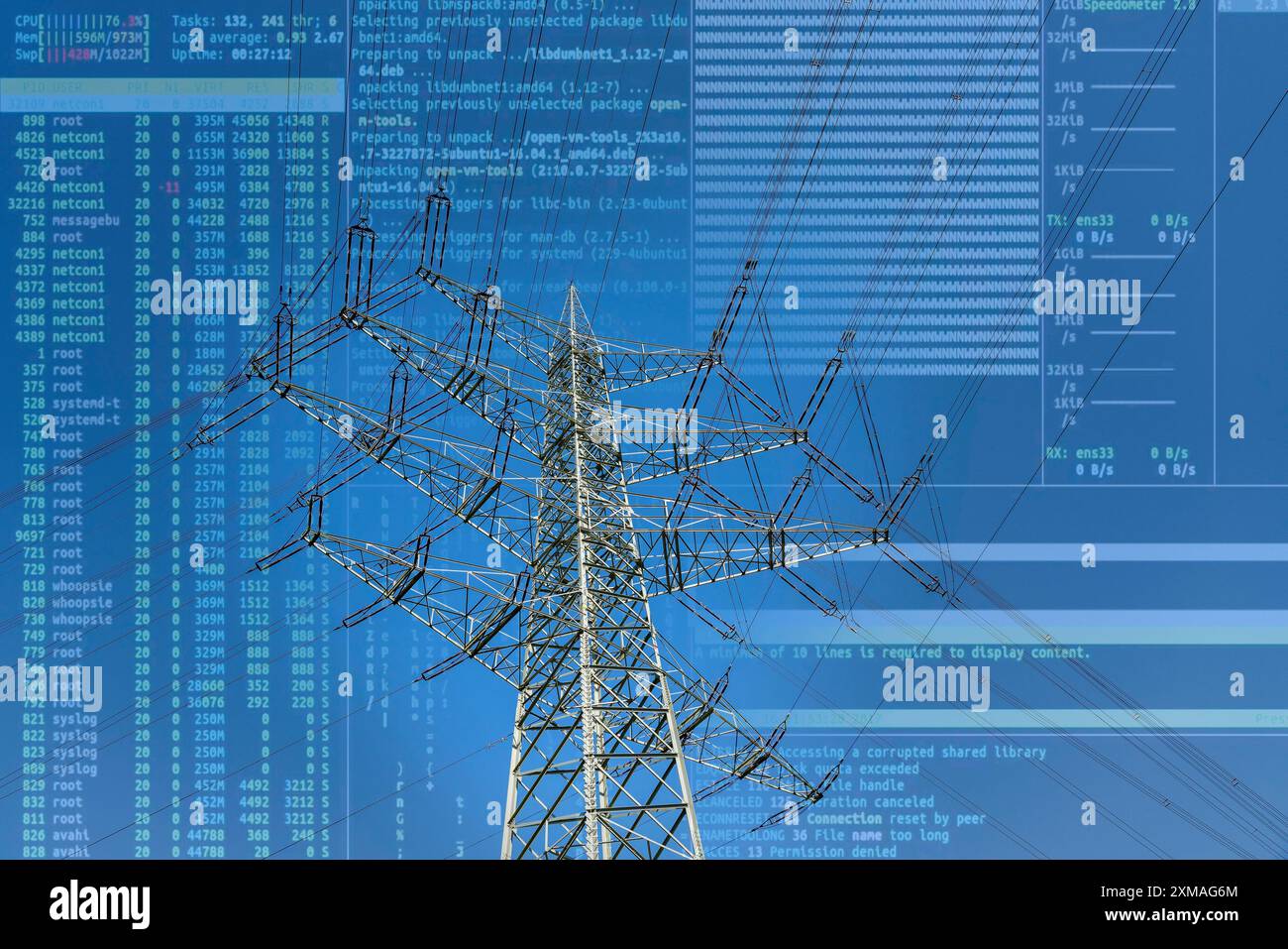 Immagine simbolica di infrastrutture critiche, rischio di blackout, cyberterrorismo, piloni ad alta tensione di 380 KV e 110 KV di linee ad alta tensione, nella città di Herne Foto Stock