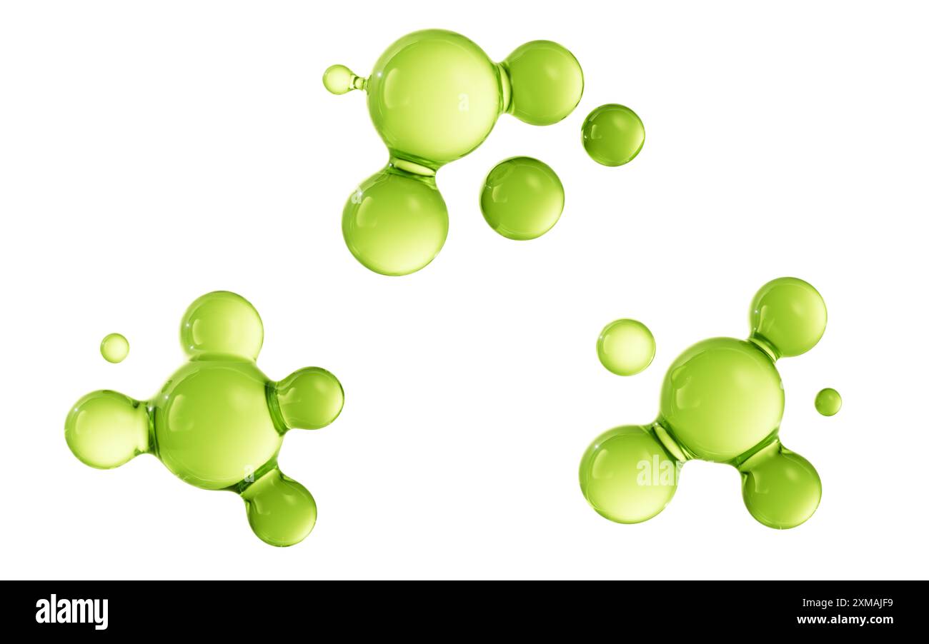Elementi a bolle verdi trasparenti, rendering 3d. Illustrazione 3D. Foto Stock