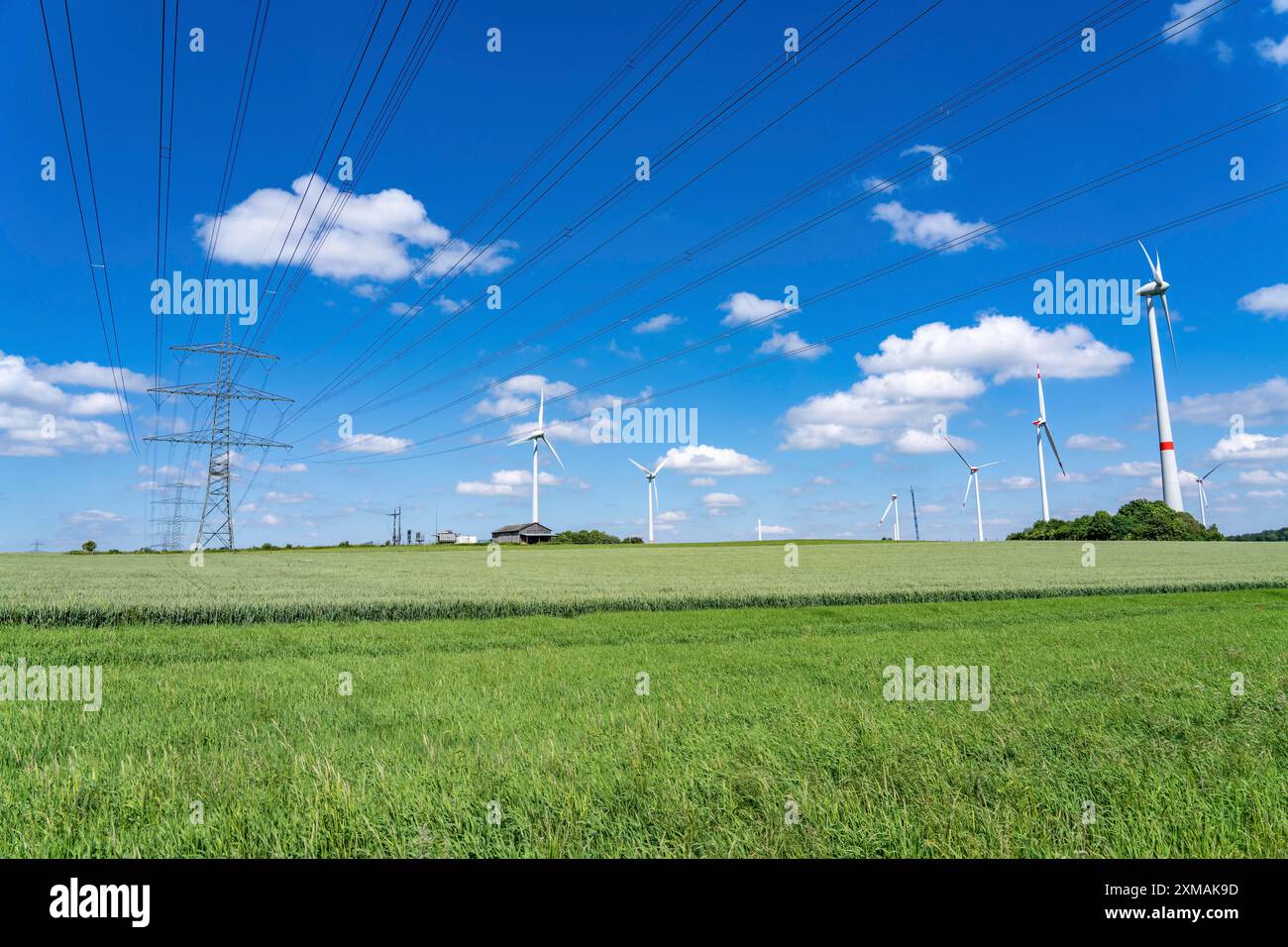 Parco eolico vicino a Brilon-Radlinghausen, linee elettriche ad alta tensione, Sauerland, Renania settentrionale-Vestfalia, Germania Foto Stock