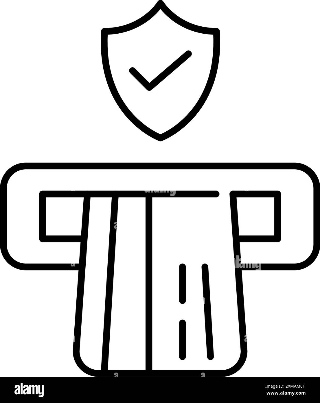 Carta di credito nello slot ATM, scudo di sicurezza e segno di spunta. Prelievo di contante protetto e servizi finanziari. Icona del vettore pixel Perfect Illustrazione Vettoriale