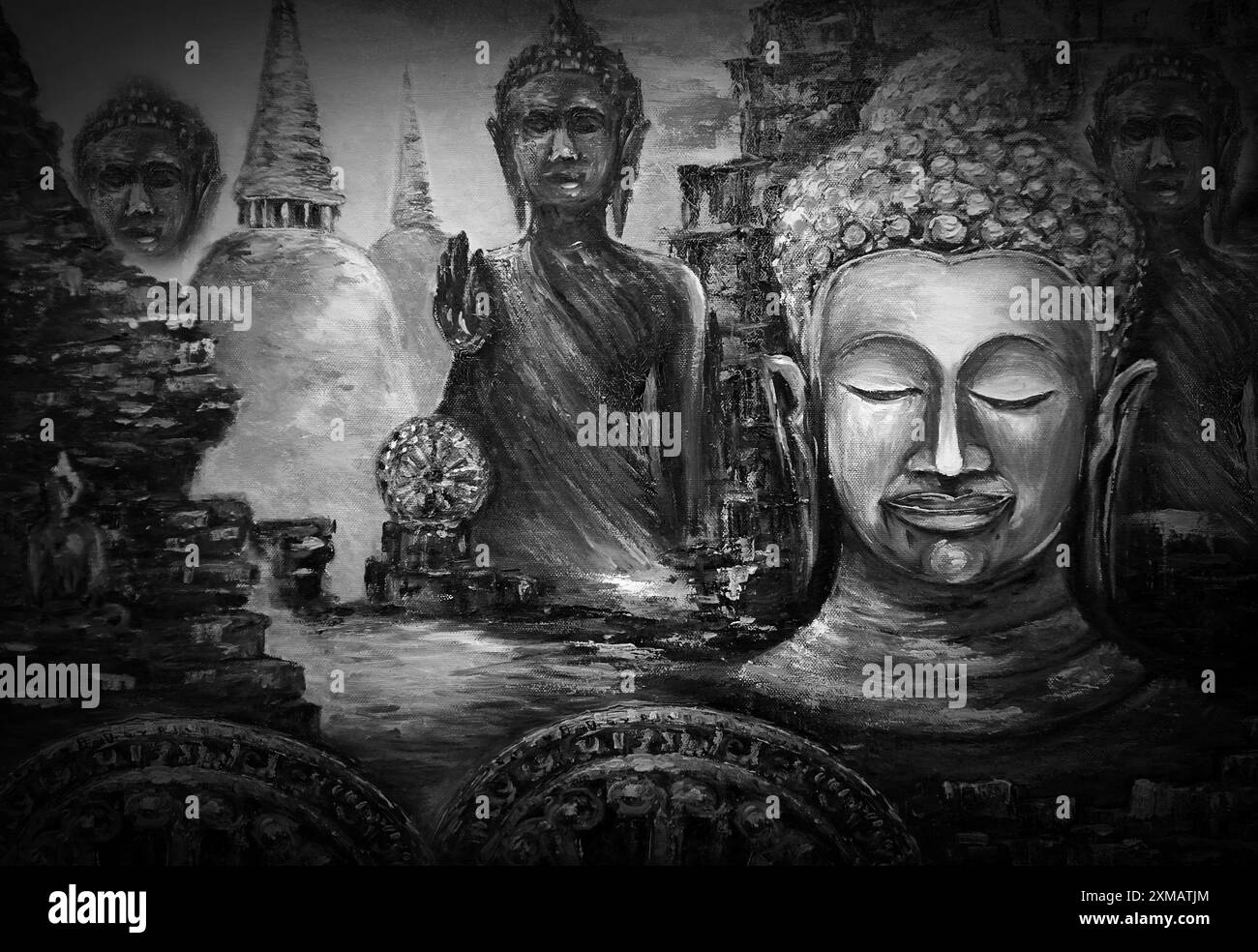 Pittura artistica originale, colore ad olio, statua del Buddha in bianco e nero, thailandia Foto Stock