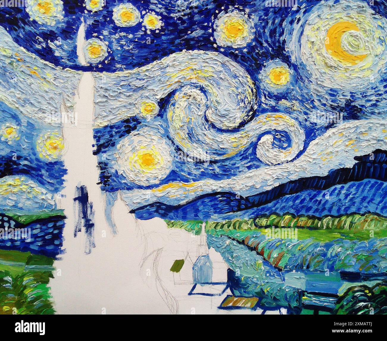 Arte pittura ad olio luna villaggio di montagna, stile Van Gogh, notte stellata Foto Stock