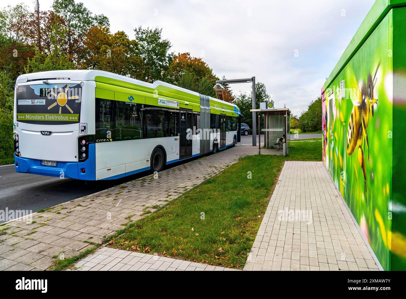 Autobus elettrico da Stadtwerke Muenster, presso una stazione di ricarica veloce, fermata dell'autobus, inversione di marcia dell'autobus Dieckmannstrasse a Muenster Gievenbeck, 16 elettrico Foto Stock