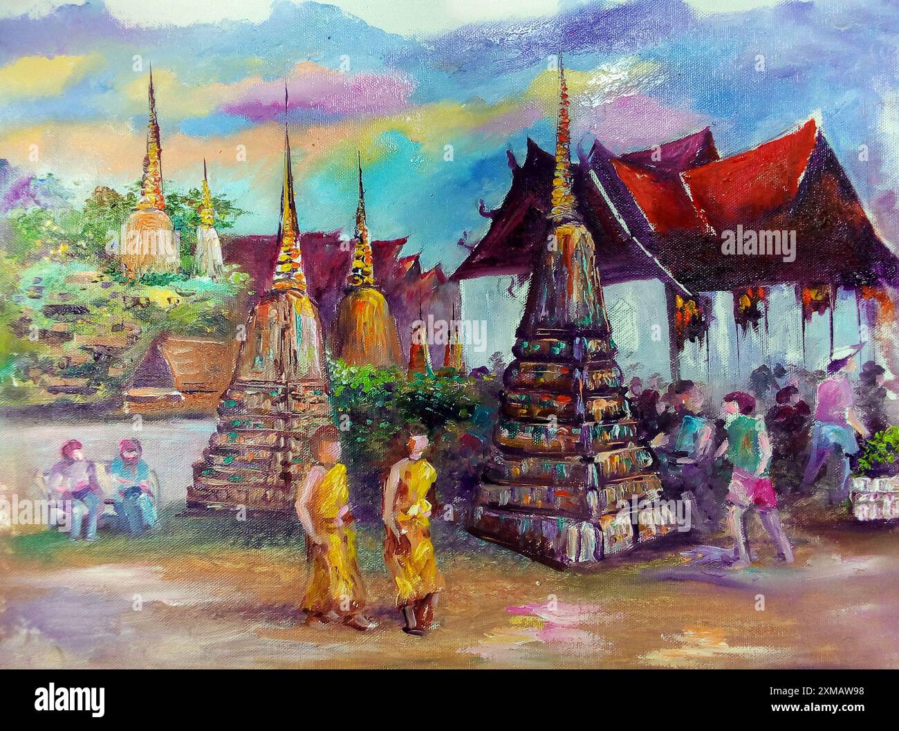 Pittura a olio tailandia Chedis al Tempio di Wat Pho Foto Stock