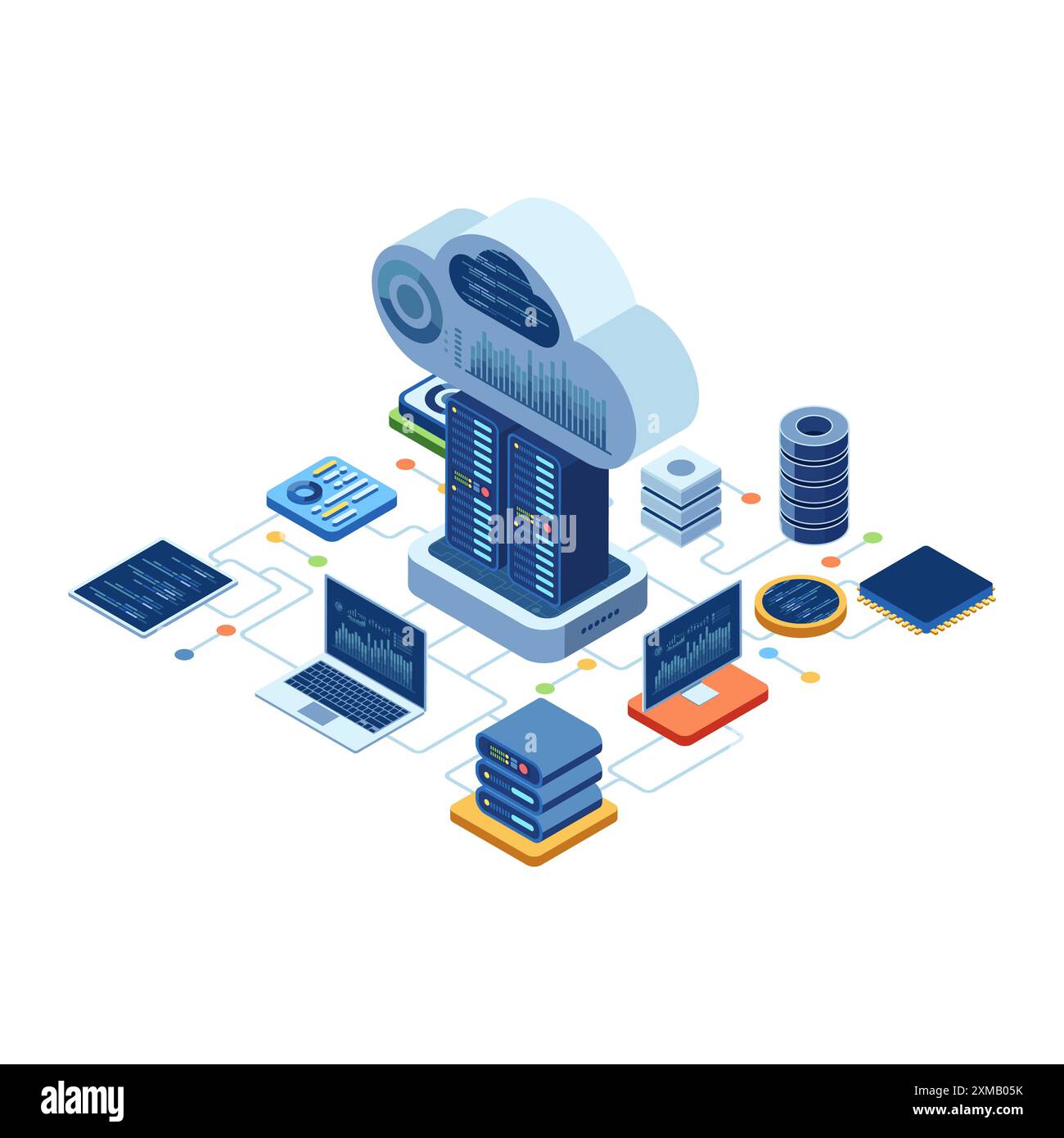 Soluzione basata su cloud isometrico con connettività e applicazione per data center. Soluzione basata su cloud e concetto di cloud computing Illustrazione Vettoriale