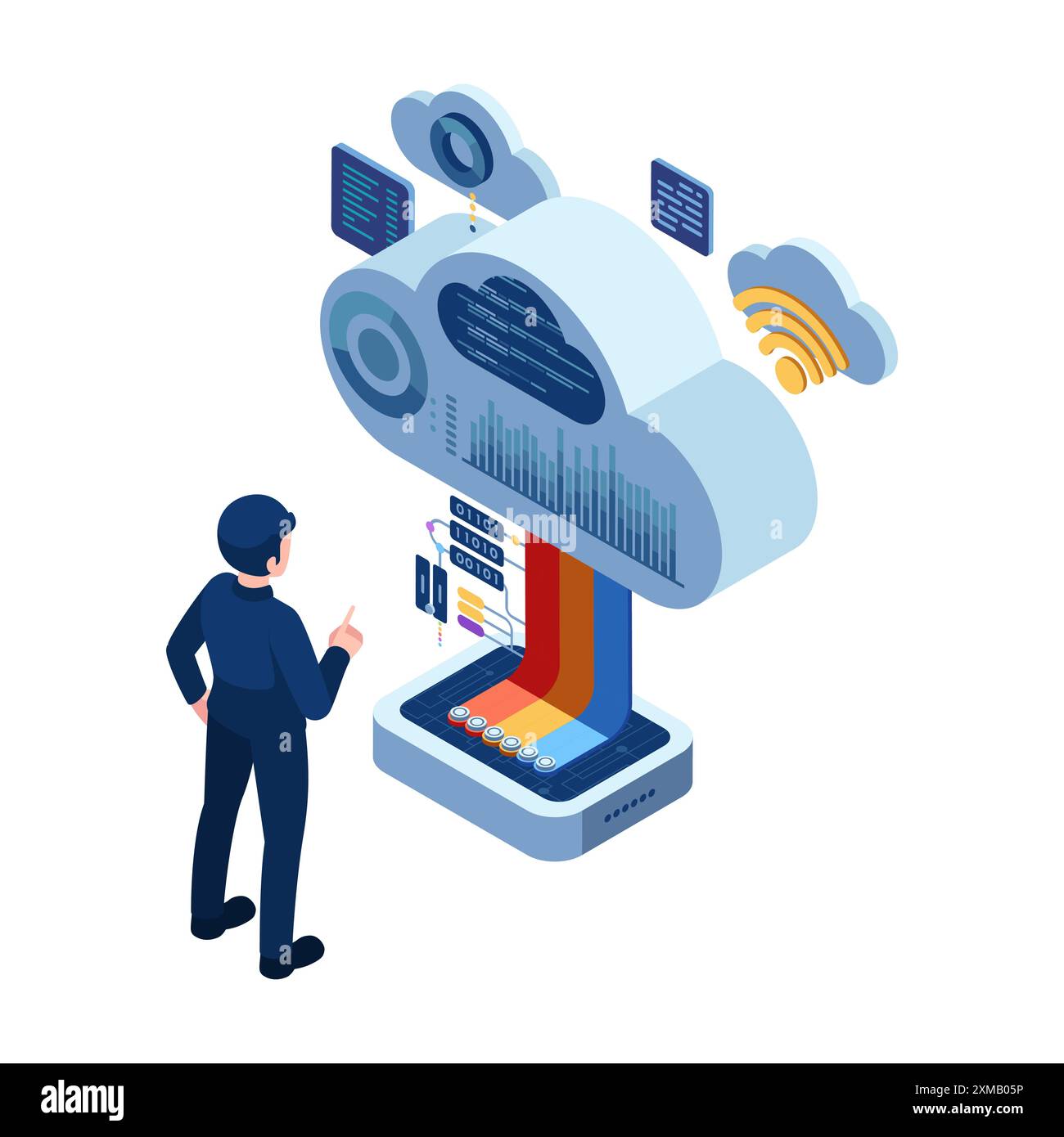 Uomo d'affari isometrico che utilizza un software basato su cloud per la gestione e l'analisi dei dati. Concetto di soluzione basata su cloud Illustrazione Vettoriale