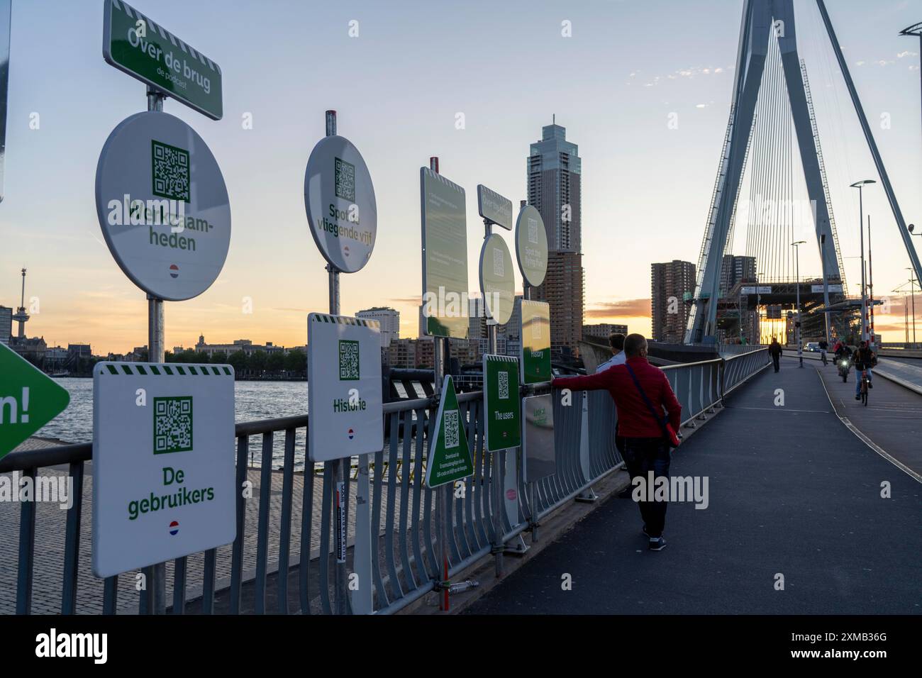 Pannelli informativi con codice QR, su vari argomenti, informazioni turistiche, presso il ponte Erasmus, sul Nieuwe Maas, Kop van Zuid, Rotterdam Foto Stock