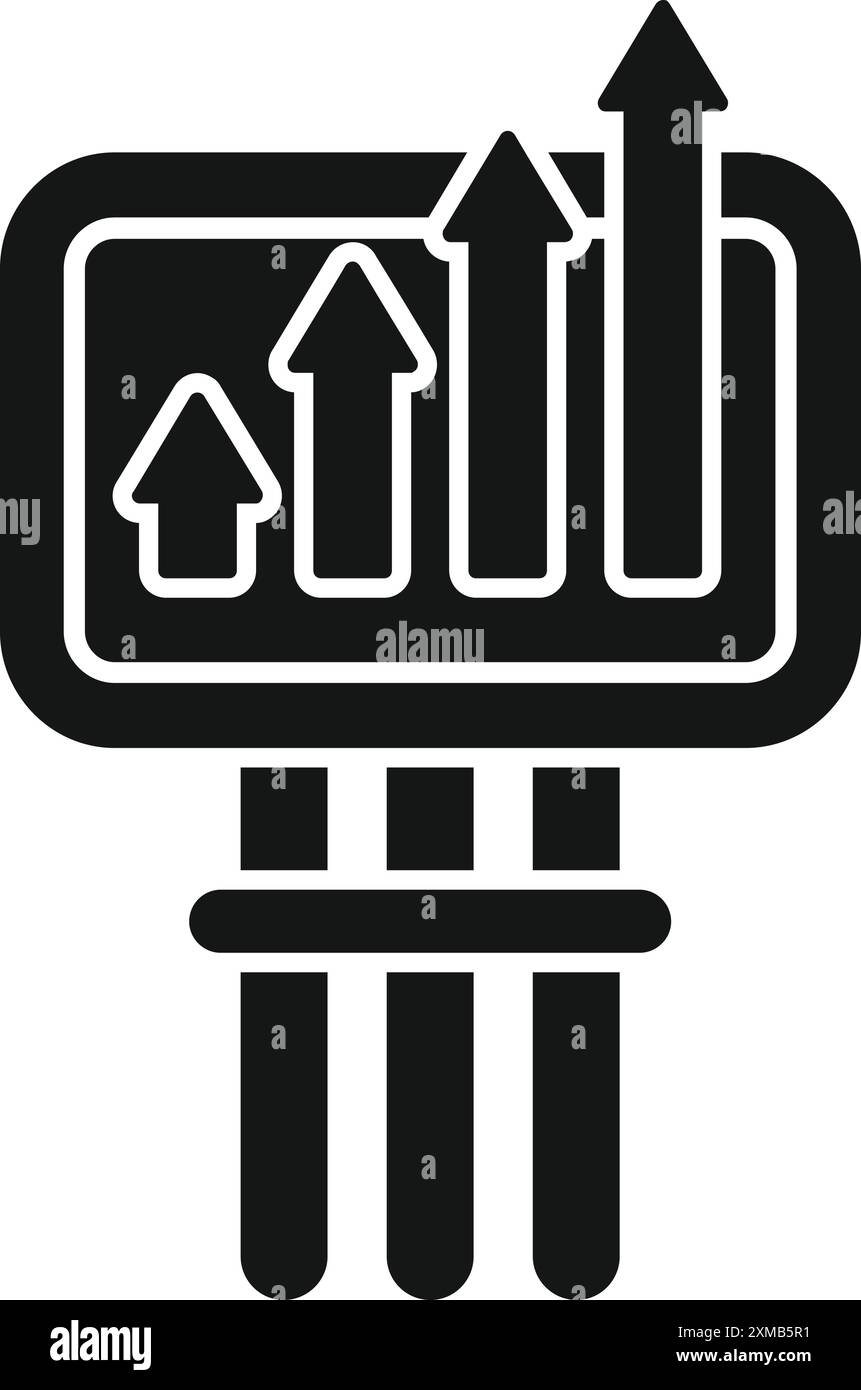 Icona in bianco e nero di un Consiglio di sviluppo urbano che mostra grafici a freccia in crescita, che rappresentano la pianificazione urbana e la crescita Illustrazione Vettoriale