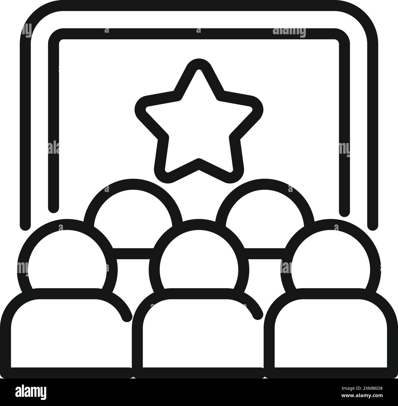 Un gruppo di persone siede in un cinema e guarda un film con una stella sullo schermo Illustrazione Vettoriale