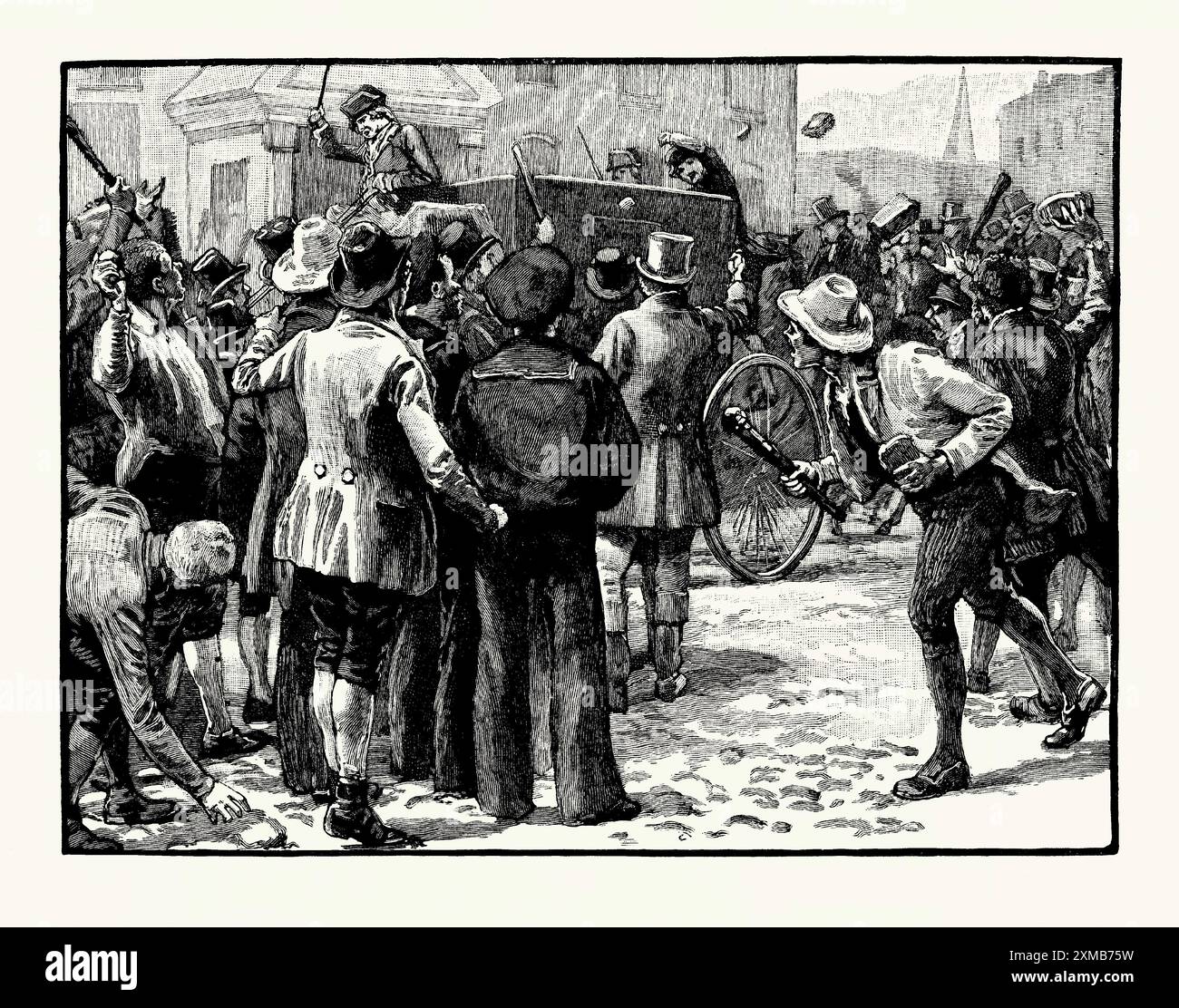 Una vecchia incisione dell'attacco a un allenatore di Sir Charles Wetherell durante i disordini di Queen Square a Bristol, Avon, Inghilterra, Regno Unito il 29 ottobre 1831. È tratto da un libro di storia vittoriana del 1900 circa. I disordini di Queen Square a Bristol nel 1831 ebbero luogo dopo che la camera dei lord respinse il secondo Reform Bill, che mirava a dare alle città industriali una maggiore rappresentanza nella camera dei comuni. Il magistrato locale Sir Charles Wetherell era un forte oppositore del disegno di legge. Minacciò di imprigionare i partecipanti in un disturbo, e una folla arrabbiata o dei rivoltosi lo inseguirono fino alla Mansion House a Queen Square. Foto Stock