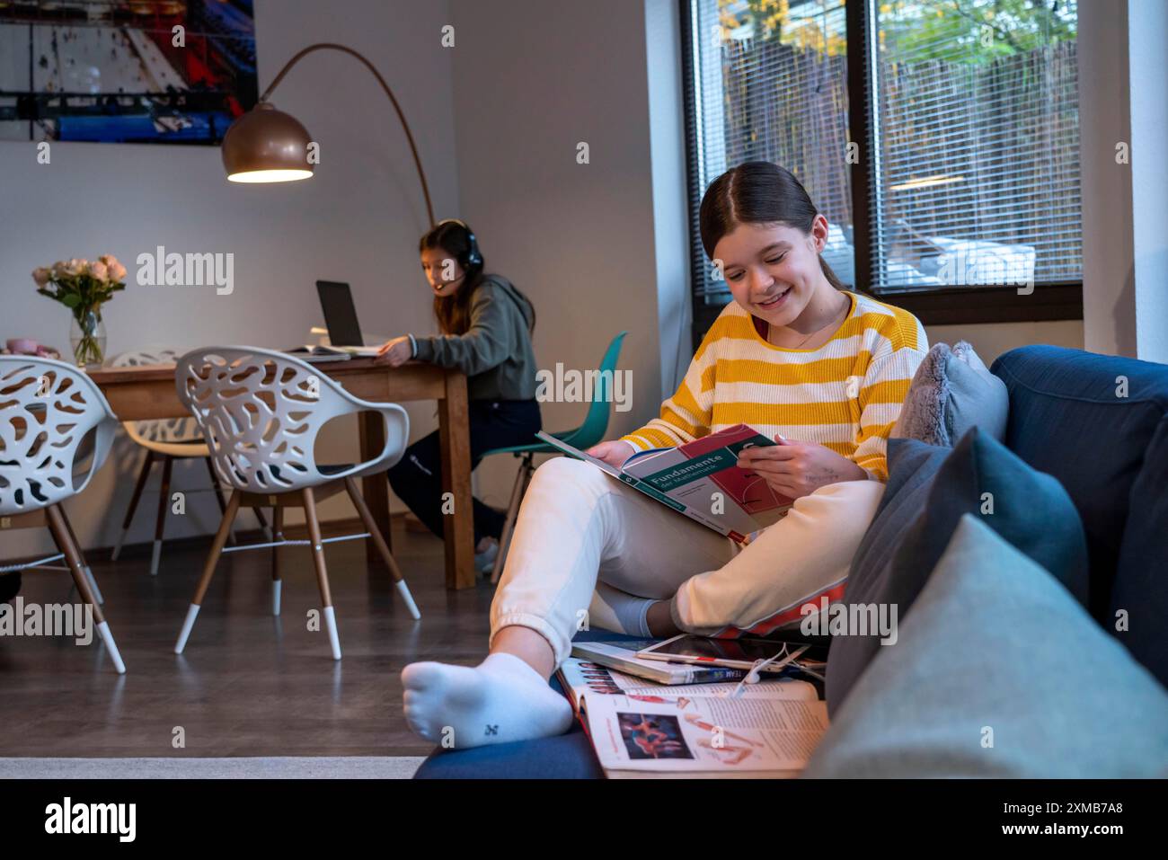 Homeschooling, 2 ragazze, sorelle, 11 anni, imparare a casa, apprendimento a casa, lezioni a casa, apprendimento a distanza, chat con insegnanti e compagni di classe Foto Stock