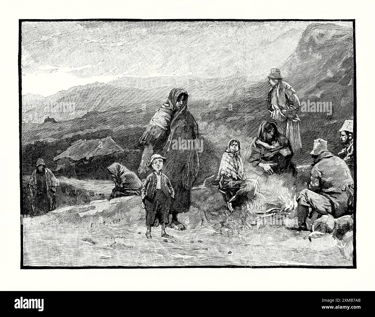 Una vecchia incisione di “trappole” in Irlanda a metà degli anni ’1800 È tratto da un libro di storia vittoriana del 1900 circa. Mentre la vagabondanza era un reato di per sé, la povertà era spesso associata a forme di criminalità e immoralità che significavano che le “trappole” venivano spesso viste con pregiudizio. Le persone itineranti venivano viste con sospetto e pregiudizio, non a causa della loro povertà, ma piuttosto perché molti le consideravano un viaggio per il paese come una scelta di stile di vita. Foto Stock