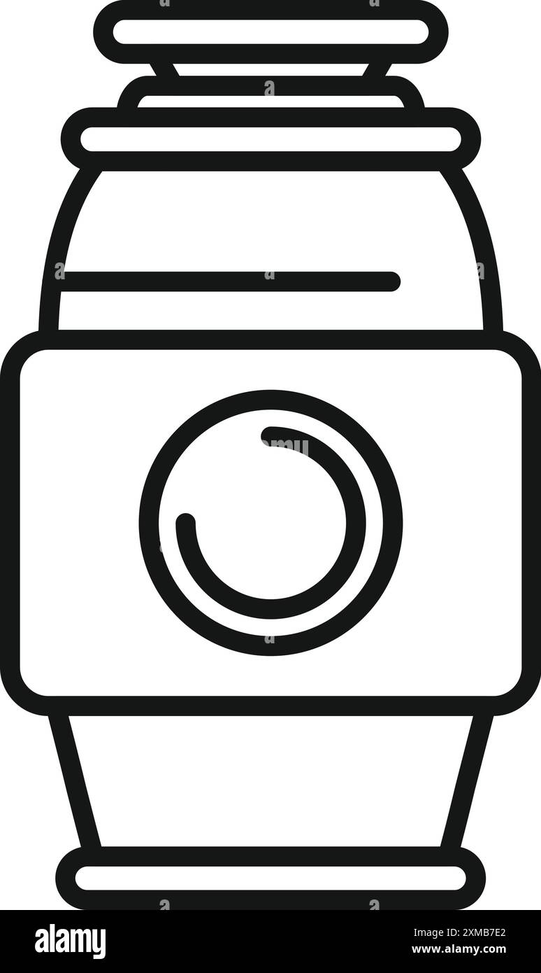 Icona a linea che rappresenta una moderna macchina per lo smaltimento dei rifiuti alimentari per il riciclaggio dei rifiuti organici in cucina Illustrazione Vettoriale