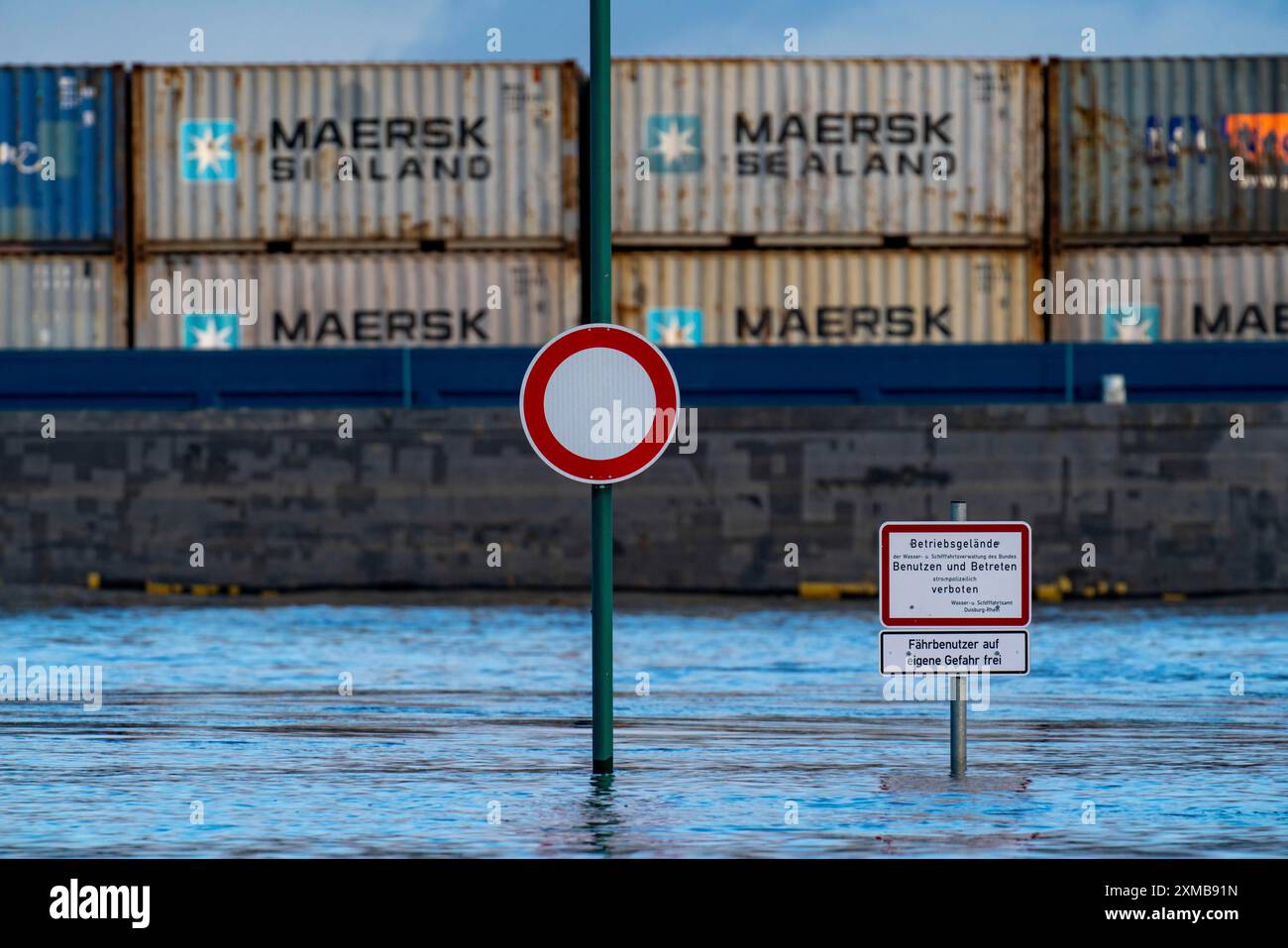 Inondazione sul Reno, sponde inondate del Reno, prati del Reno vicino al villaggio di Grieht, Kalkar, Renania settentrionale-Vestfalia, Germania Foto Stock