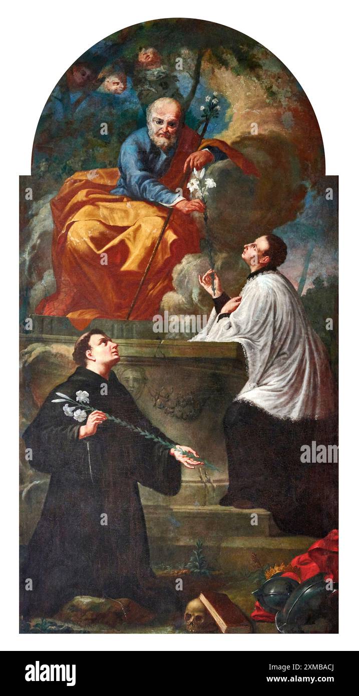 San Pietro con S.. Antonio da Padova e S. Luigi Gonzaga - olio su tela - pittore bresciano del XVIII secolo - Saviore (BS) chiesa di S. Giovanni Battist Foto Stock