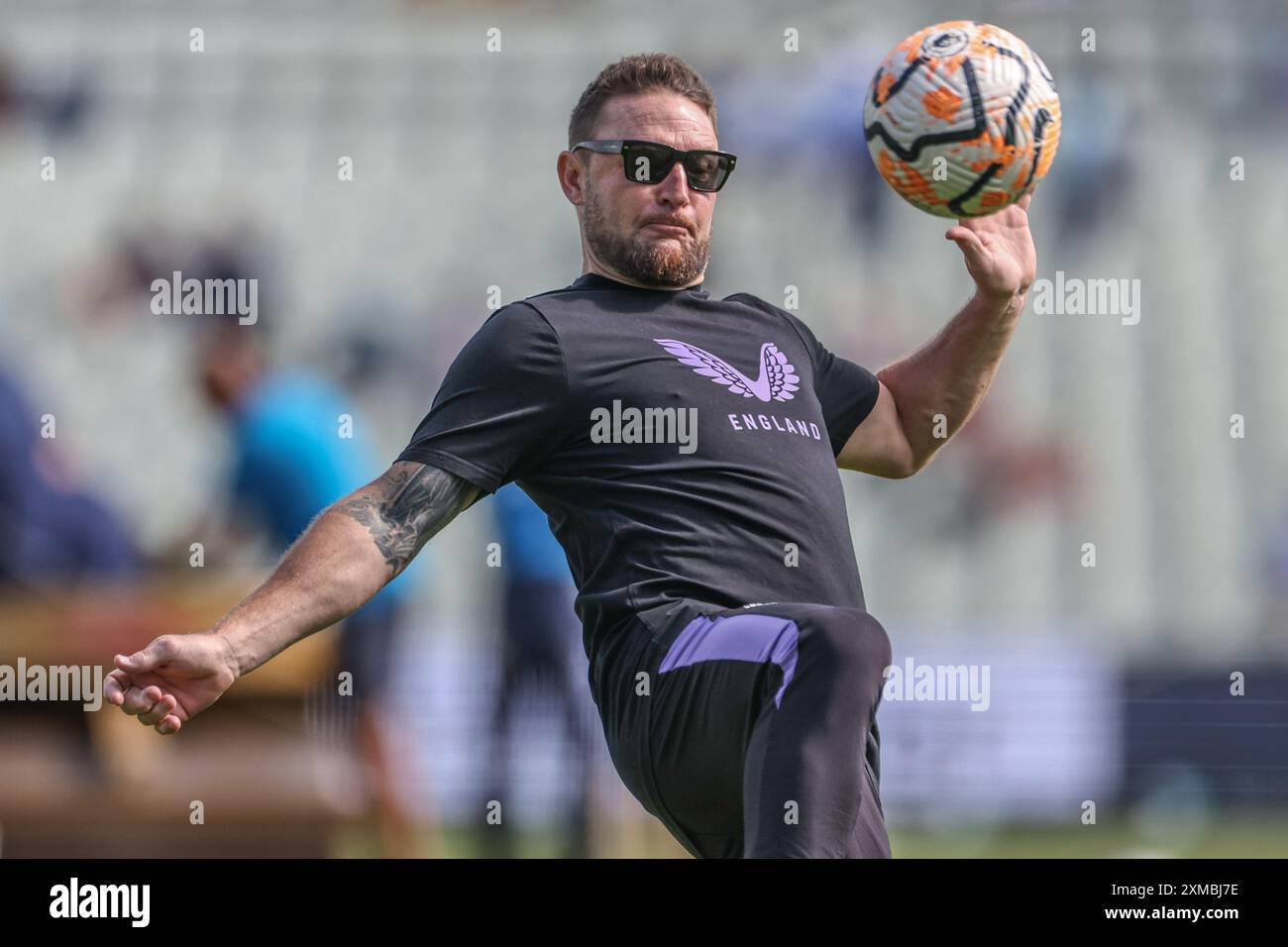 Brendon McCullum durante il secondo giorno del Rothesay test Match Inghilterra vs Indie occidentali a Edgbaston, Birmingham, Regno Unito, 27 luglio 2024 (foto di Mark Cosgrove/News Images) Foto Stock