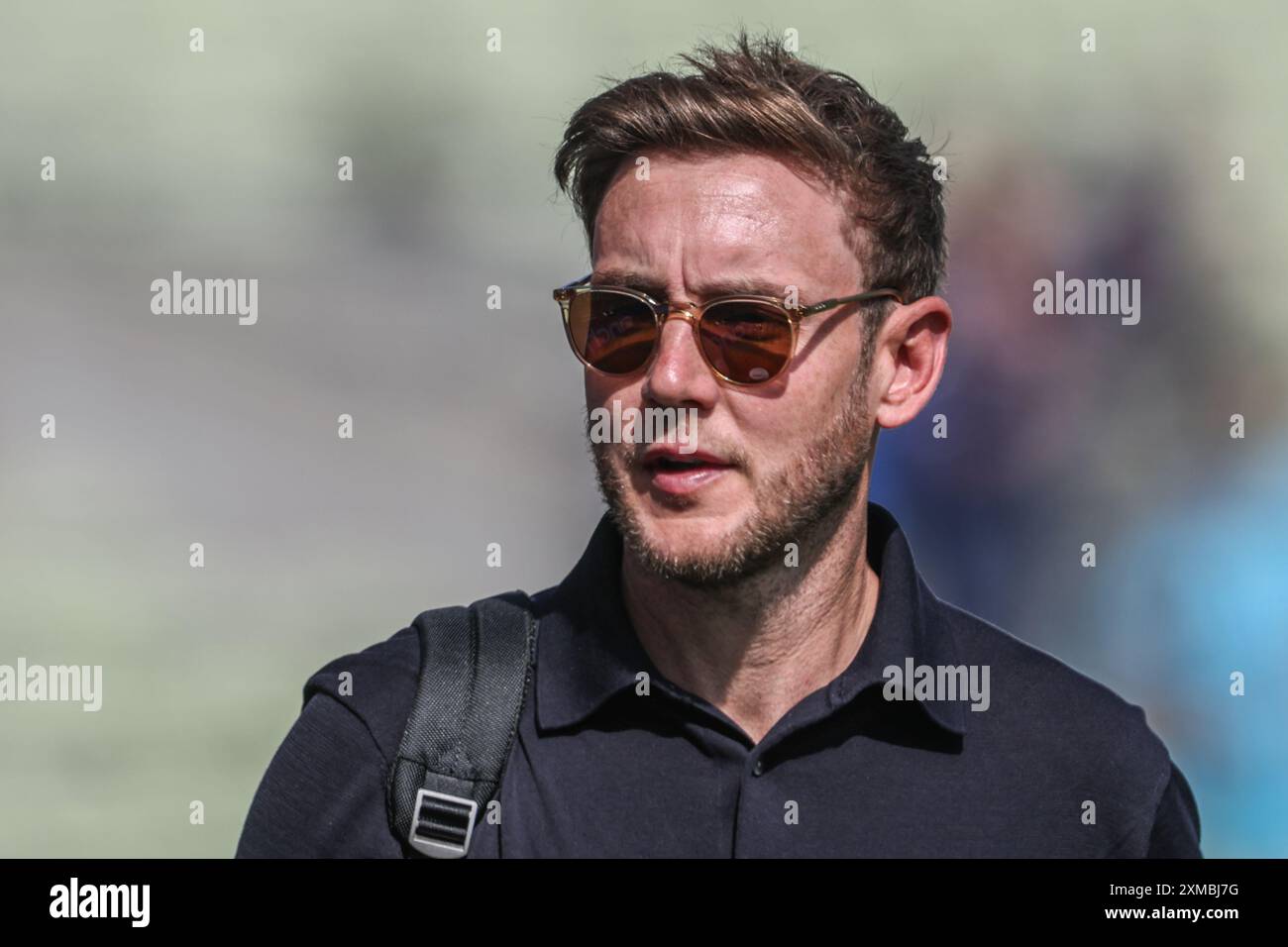 Stuart Broad durante il secondo giorno del Rothesay test Match Inghilterra vs Indie occidentali a Edgbaston, Birmingham, Regno Unito, 27 luglio 2024 (foto di Mark Cosgrove/News Images) Foto Stock
