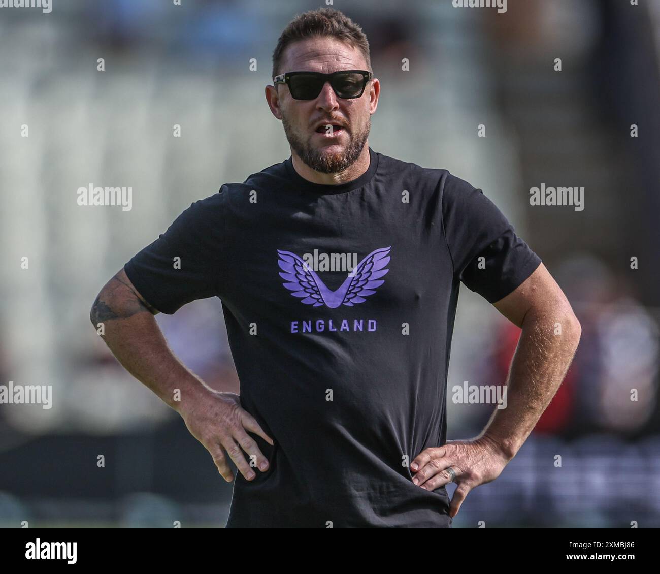 Brendon McCullum durante il secondo giorno del Rothesay test Match Inghilterra vs Indie occidentali a Edgbaston, Birmingham, Regno Unito, 27 luglio 2024 (foto di Mark Cosgrove/News Images) Foto Stock