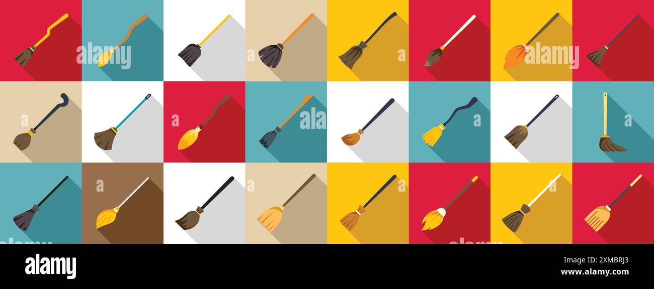 Set di icone della scopa. Collezione di diverse spazzatrici per la pulizia e l'esecuzione di rituali magici con una lunga ombra su sfondi colorati in stile piatto Illustrazione Vettoriale