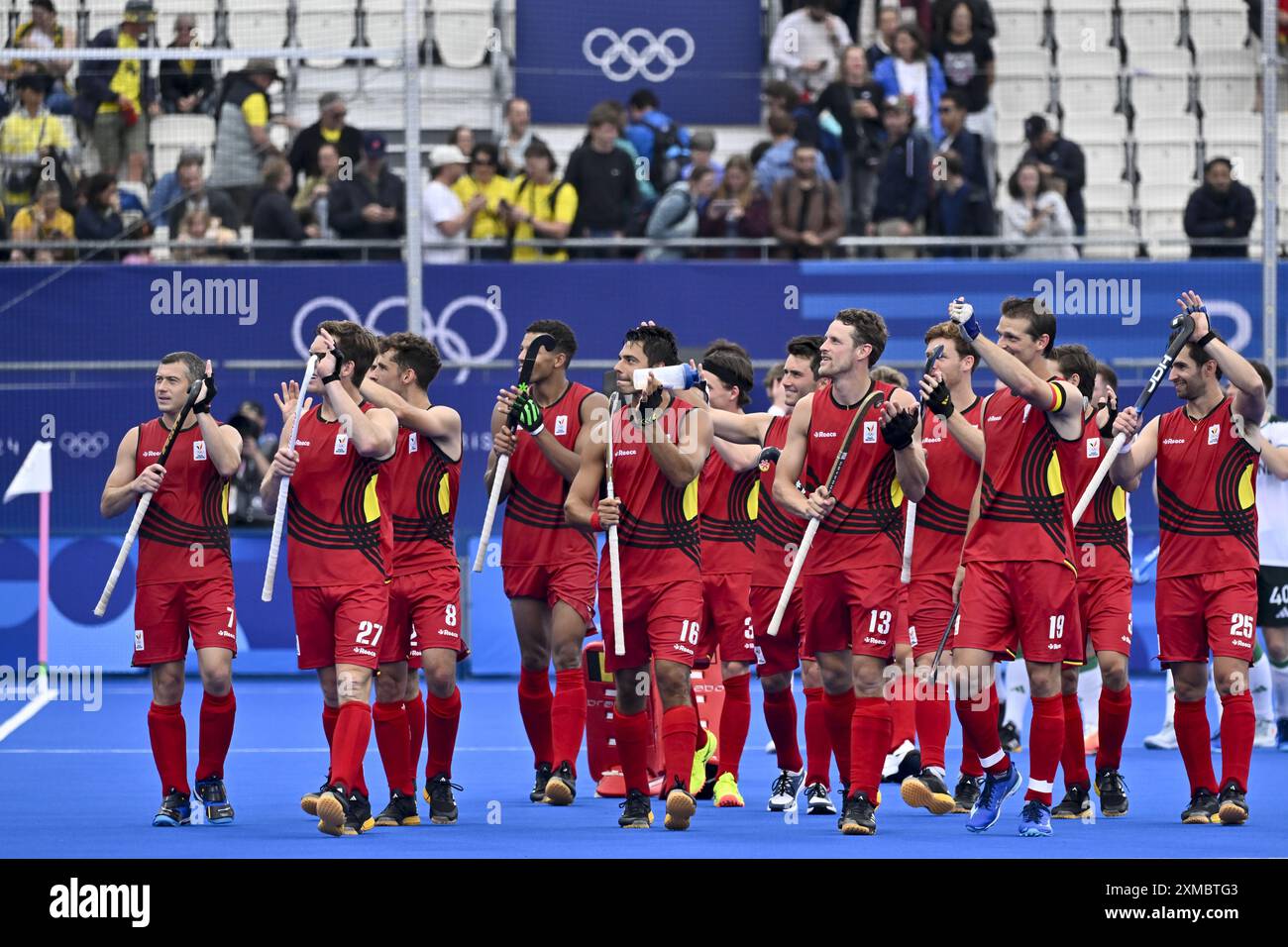 Parigi, Francia. 27 luglio 2024. I Red Lions nella foto dopo una partita di hockey tra i Red Lions belgi e l'Irlanda durante la fase a gironi dei Giochi Olimpici di Parigi 2024, sabato 27 luglio 2024 a Parigi, Frane. Le Olimpiadi estive del 2024 si svolgono a Parigi dal 26 luglio all'11 agosto. La delegazione belga conta 165 atleti in 21 sport. BELGA FOTO DIRK WAEM credito: Belga News Agency/Alamy Live News Foto Stock